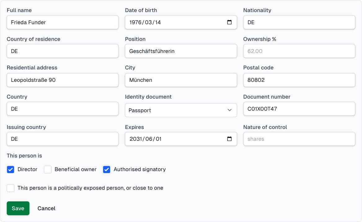 Funder: Add your directors, owners and signatories