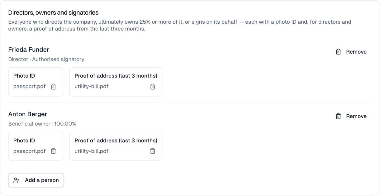 Funder: Upload ID and proof of address for each person