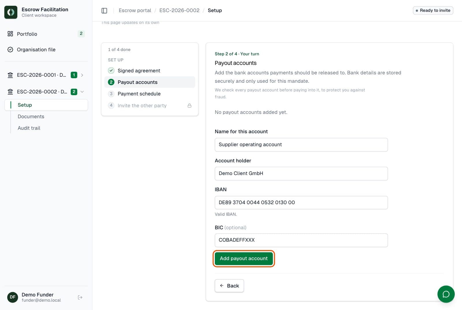 Funder: Add the payout account
