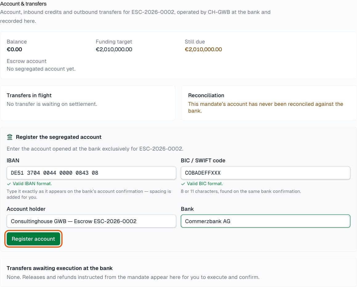 CHGWB agent: Register the escrow account
