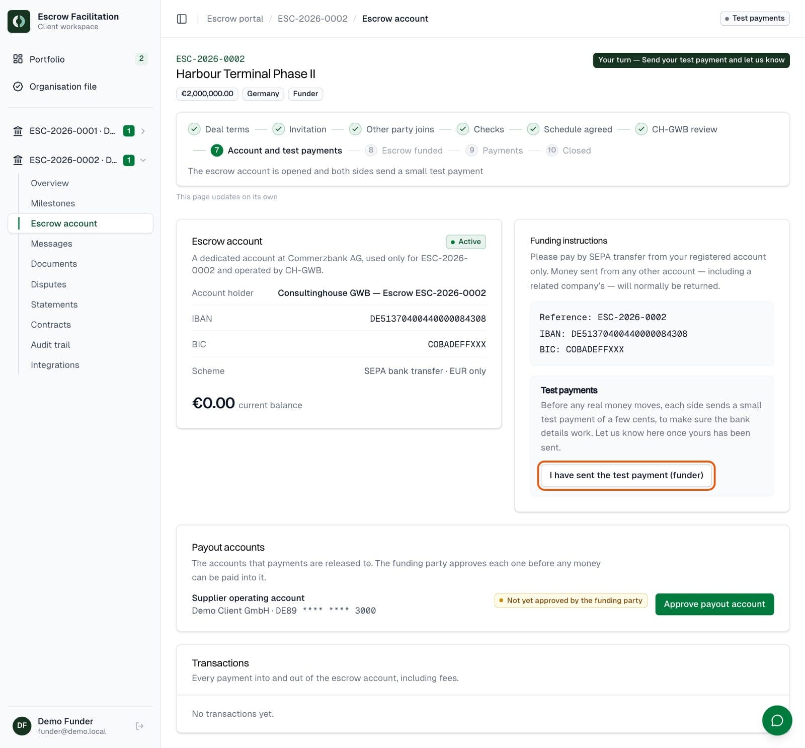 Funder: Send a small test payment