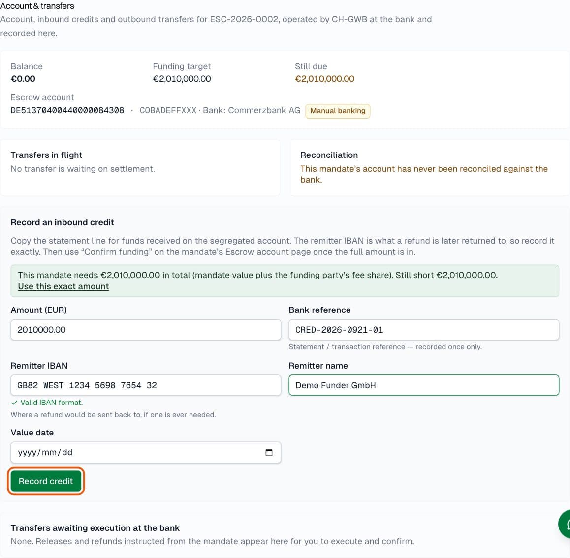 CHGWB agent: Record the incoming payment