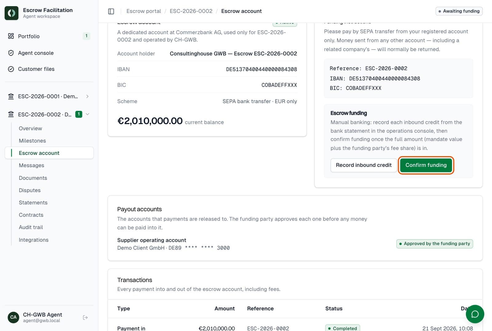 CHGWB agent: Confirm funding
