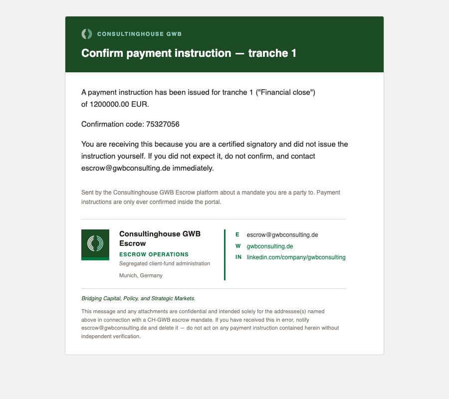Funder: The confirmation code arrives by email